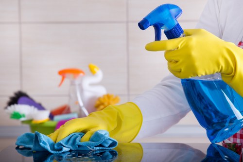 Professional domestic cleaner organizing a living room in London